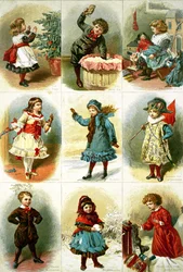 Weihnachtskarten, die verschiedene Kinderaktivitäten darstellen, veröffentlicht von Leighton Bros., 1882